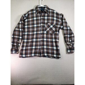 BQE Exchange Shirt Mens Medium Flannel Plaid Brown Pocket Hiking Gorpcore Button